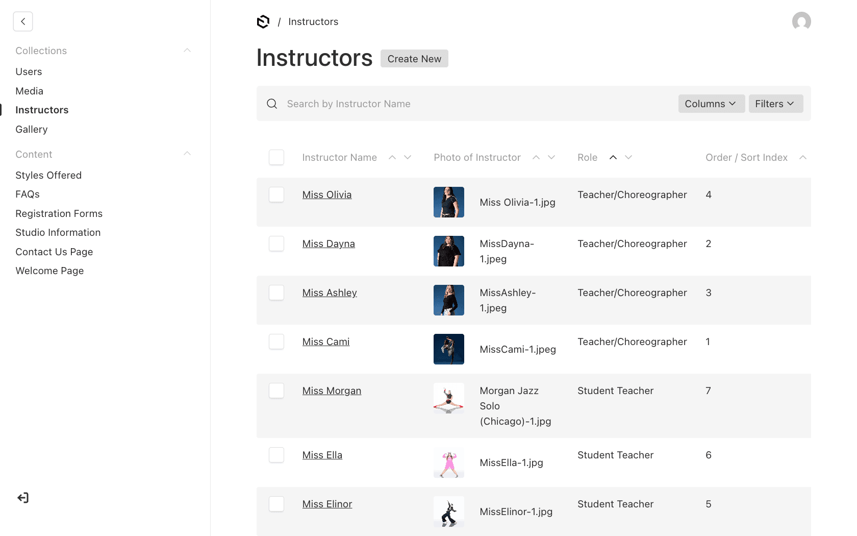 Payload instructor collection with names, photos, roles, and display order