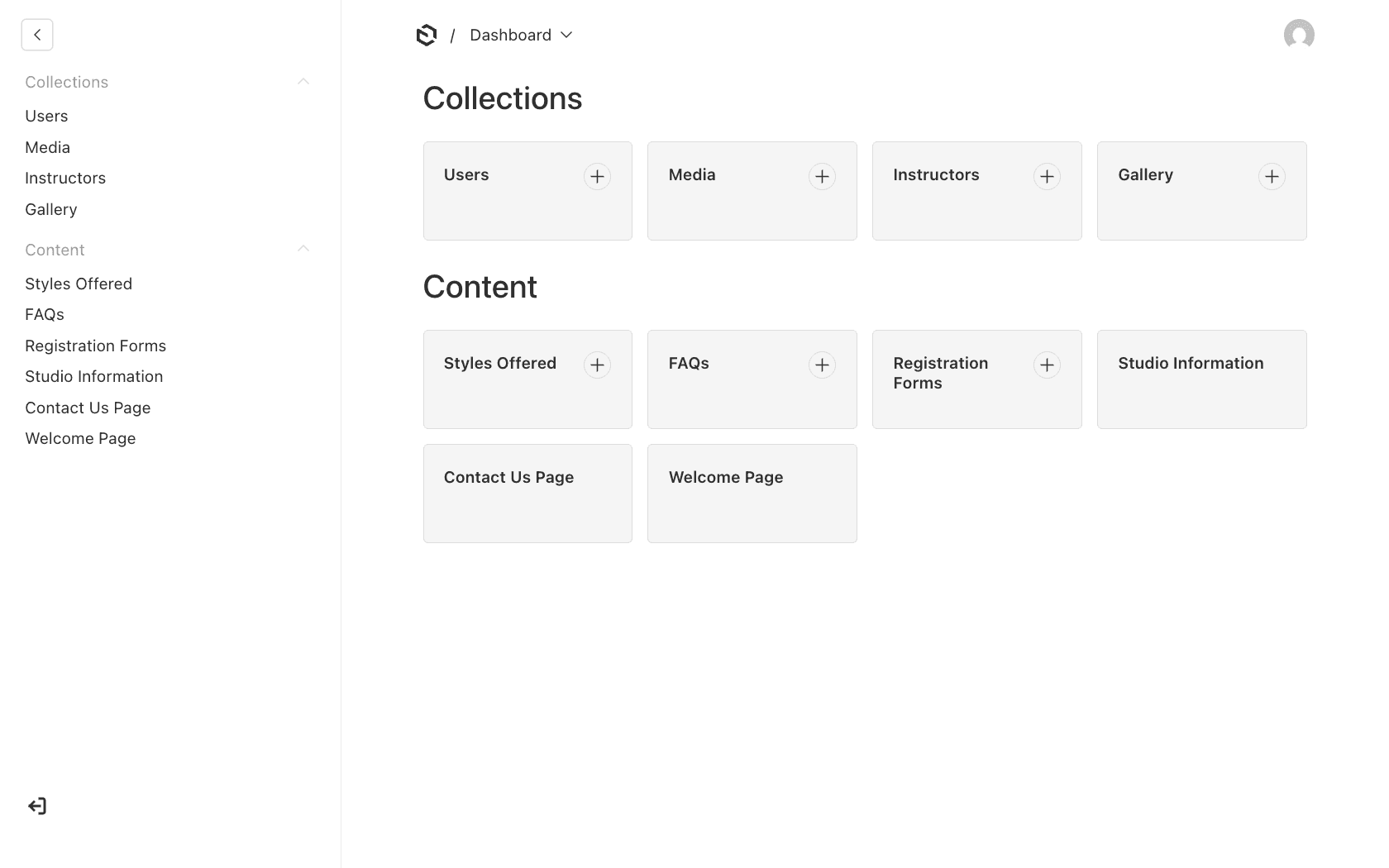 Payload dashboard with collections for instructors, media, gallery, and studio content