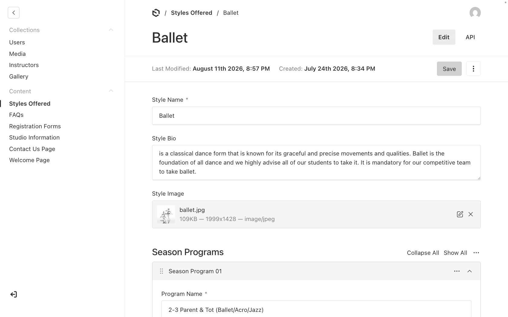 Payload form for a dance style with description, image, and program schedule fields