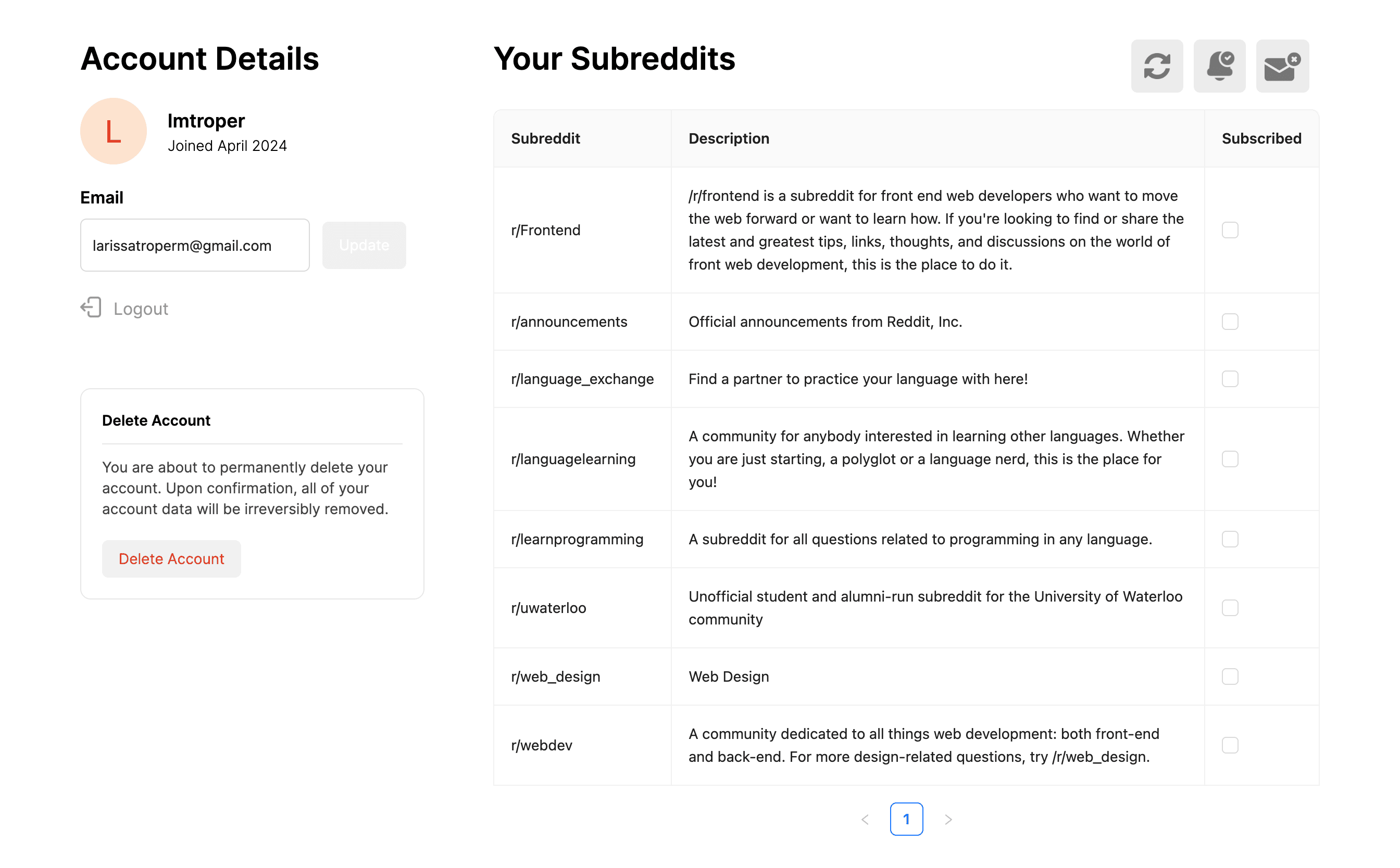 Reddit Newsletter subscription interface