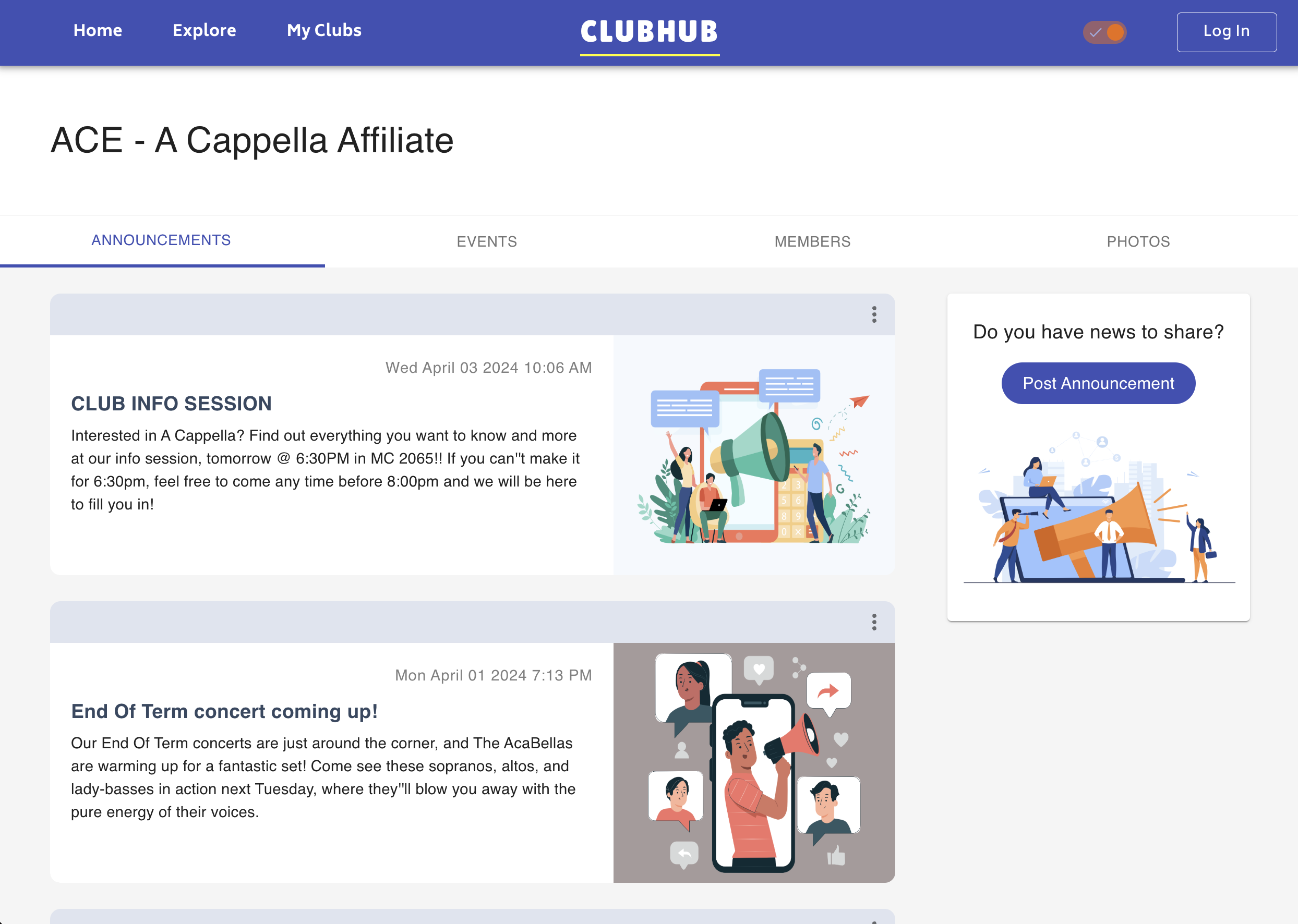 Announcements interface